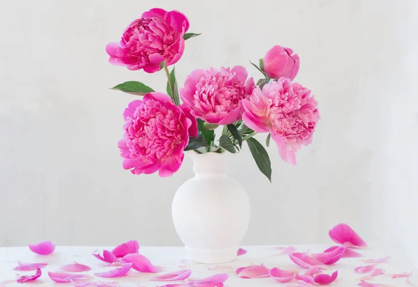 Ροζ Peonies Βάζο Άσπρο Φόντο — Φωτογραφία Αρχείου