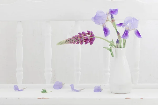 Blue Flowers Vase White Wooden Shelf — Stock Photo, Image