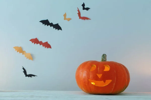 Decorações Halloween Mesa Madeira Branca — Fotografia de Stock