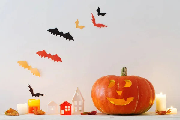 Decoraciones Halloween Mesa Madera Blanca — Foto de Stock