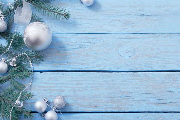 Kerstdecoratie Blauwe Houten Achtergrond — Stockfoto