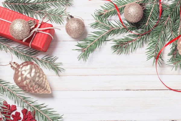 Kerstdecoratie Witte Houten Achtergrond — Stockfoto