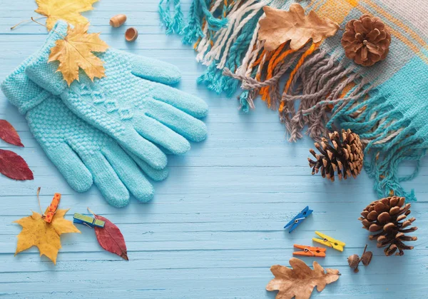 Blue Gloves Autumn Leaves Wooden Background — Stock Photo, Image