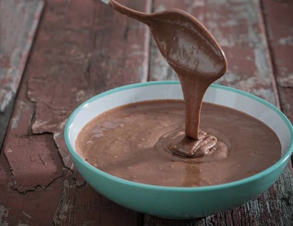 Chocolate Dough Plate Old Wooden Table — Stock Photo, Image