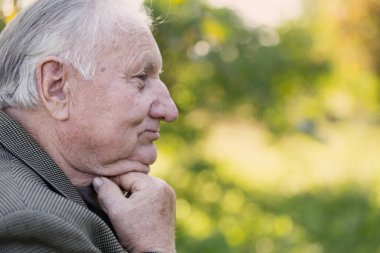 güneşli parkta yaşlı adam portresi