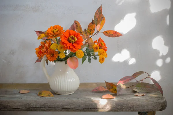 Autumn Flowers Pitcher Old Wooden Bench — Stock Photo, Image