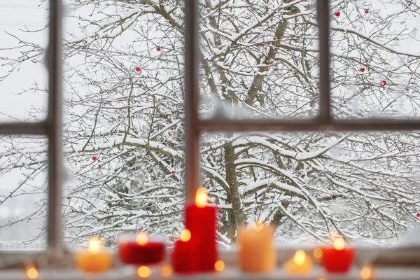 Burning Candles Windowsill — Stock Photo, Image