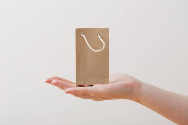 kağıt torba beyaz arka plan üzerinde izole kadın eliyle