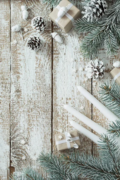 Giften Van Kerstmis Oude Witte Houten Achtergrond — Stockfoto