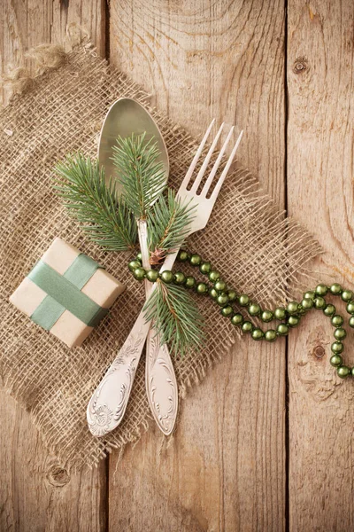 Christmas Table Place Setting Old Wooden Background — Stock Photo, Image