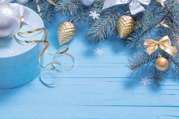 Décoration Noël Sur Fond Bois Bleu — Photo