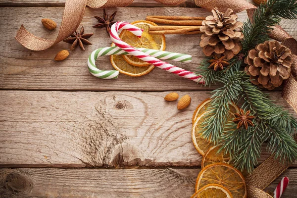 Christmas Decorations Spices Old Wooden Background — Stock Photo, Image