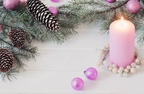 Pink Burning Candle Christmas Decorations White Wooden Background — Stock Photo, Image