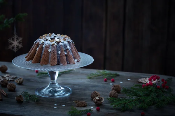 Gâteau Noël Sur Fond Bois Foncé — Photo