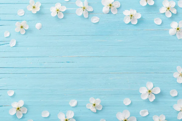 Flores Primavera Sobre Fondo Madera Azul — Foto de Stock