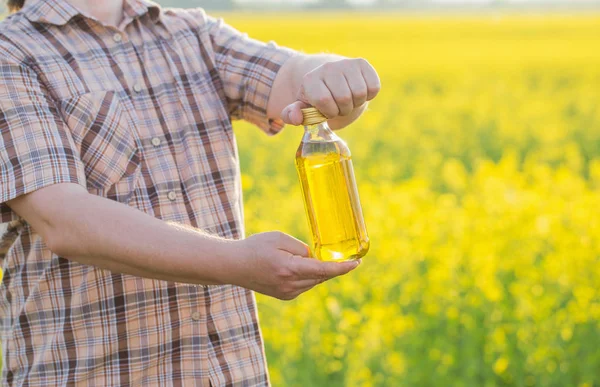 rapeseed oil in bottle in hand on background rape field