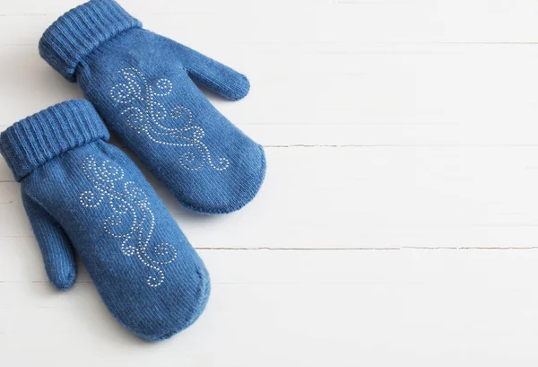 Blue Mittens White Wooden Background — Stock Photo, Image