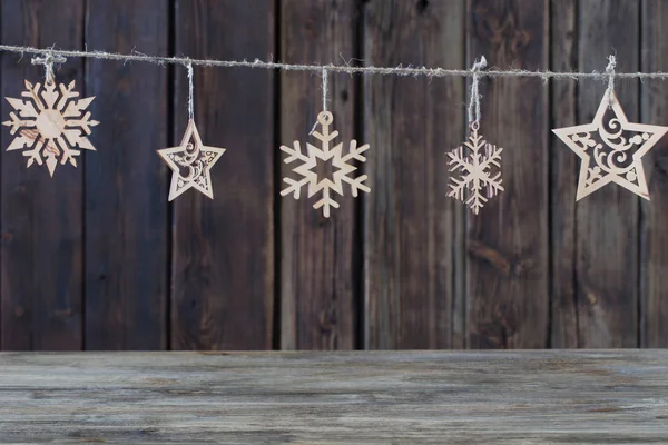 Wooden Christmas Docorations Dark Background — Stock Photo, Image