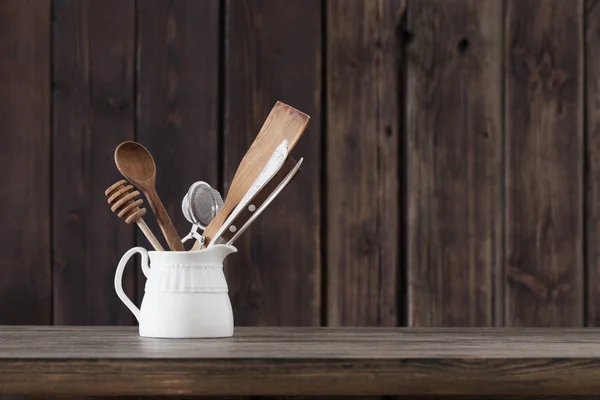 Utensilios Cocina Sobre Fondo Viejo Madera Oscura —  Fotos de Stock