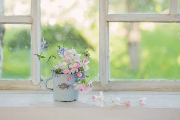 Spring Flowers Cup Windowsill — Stock Photo, Image