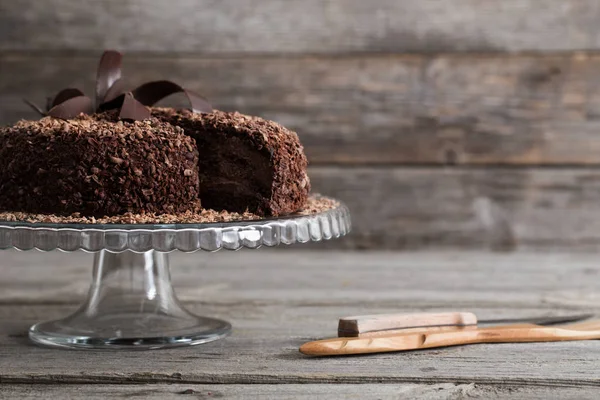 Chocoladecake Oude Houten Tafel — Stockfoto