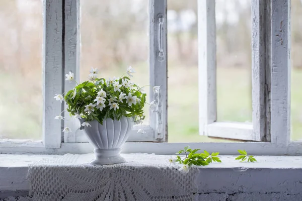 Still Life White Snowdrops Old Windowsill — Stock Photo, Image