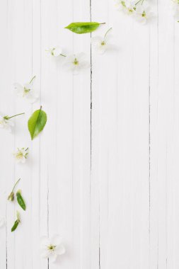 Beyaz ahşap arka planda bahar çiçekleri
