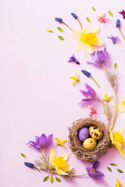 Пасхальные Яйца Гнезде Весенними Цветами — стоковое фото