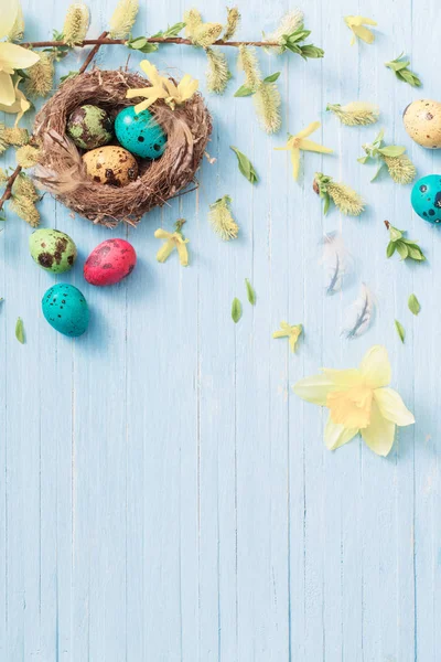 Пасхальні Яйця Гнізді Весняними Квітами Дерев Яному Фоні — стокове фото