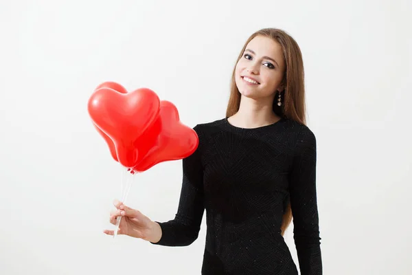 Beautiful Girl Red Balloons White Background — Stock Photo, Image