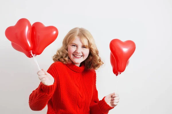 Teen Girl Red Sweater Red Balloons White Background — Stock Photo, Image