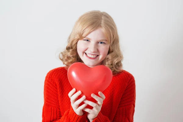 Teen Girl Red Sweater Red Balloons White Background — Stock Photo, Image