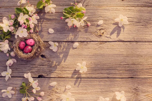 Påskägg Boet Med Vårblommor Gamla Trä Bakgrund — Stockfoto