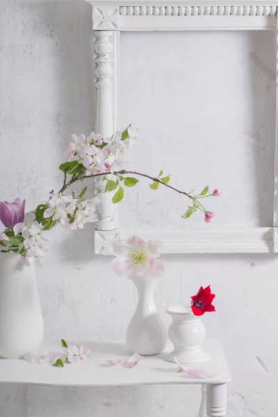 Krásné Jarní Květiny Pozadí Bílé Zdi — Stock fotografie