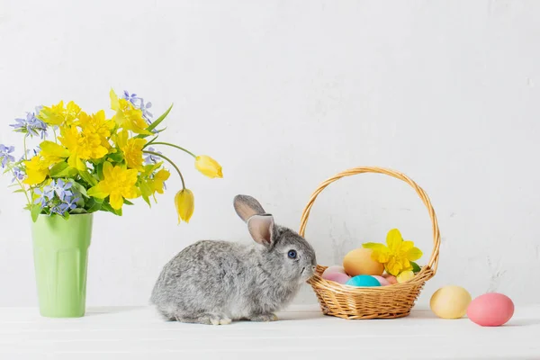 Coelho Com Ovos Páscoa Flores Fundo Branco — Fotografia de Stock