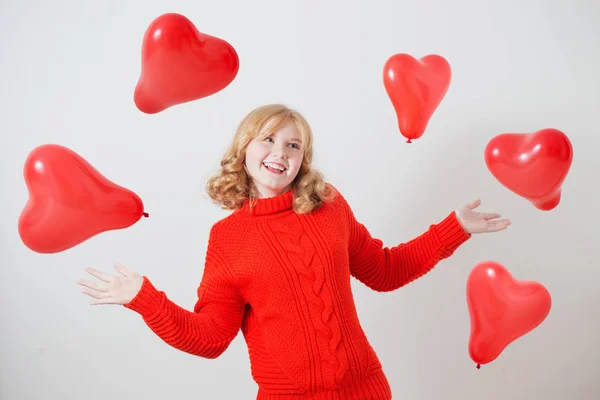 Teen Girl Red Sweater Red Balloons White Background — Stock Photo, Image