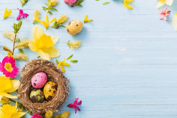 Uova Pasqua Nido Con Fiori Primaverili Sfondo Ligneo — Foto Stock