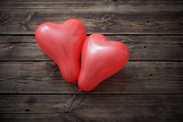 Heart Shaped Red Balloons Old Wooden Background — Stock Photo, Image