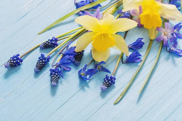 Geel Blauw Lentebloemen Houten Achtergrond — Stockfoto