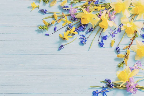 Желтые Голубые Весенние Цветы Деревянном Фоне — стоковое фото