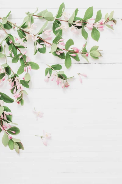 Ramas Arbusto Con Flores Color Rosa Sobre Fondo Madera —  Fotos de Stock