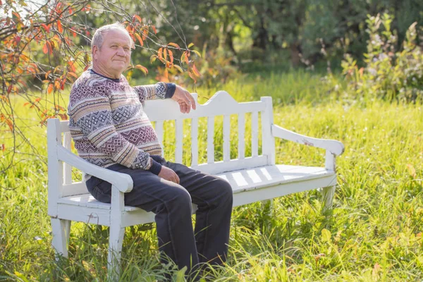 Sonbahar Park beyaz tahta bankta oturan yaşlı adam