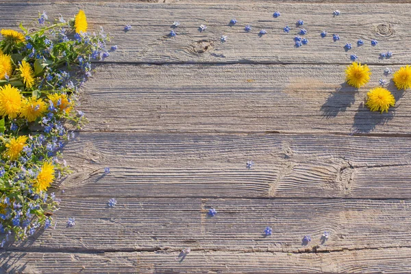 Μπλε Και Κίτρινο Λουλούδια Στο Παλιό Ξύλινο Υπόβαθρο — Φωτογραφία Αρχείου