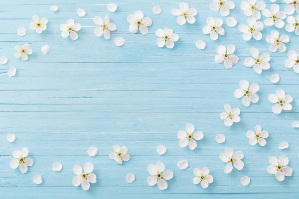 Flores Primavera Sobre Fondo Madera Azul — Foto de Stock