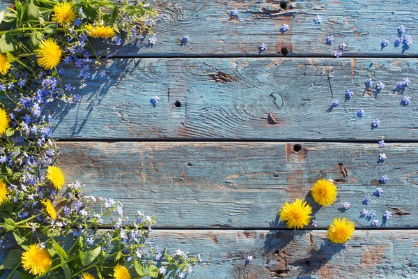 Blaue Und Gelbe Blumen Auf Altem Holzgrund — Stockfoto