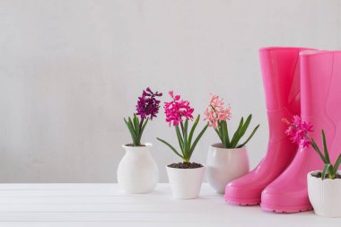 lastik çizmeler ve bahar çiçekleri beyaz arka plan üzerinde