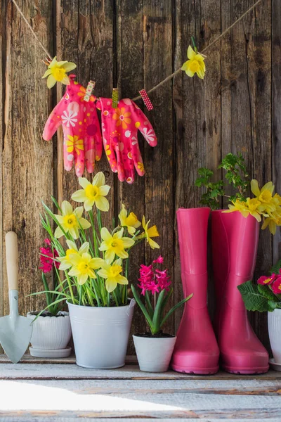 Botas Borracha Flores Primavera Fundo Madeira — Fotografia de Stock