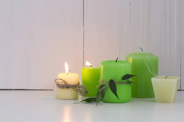 Green Burning Candles White Background — Stock Photo, Image