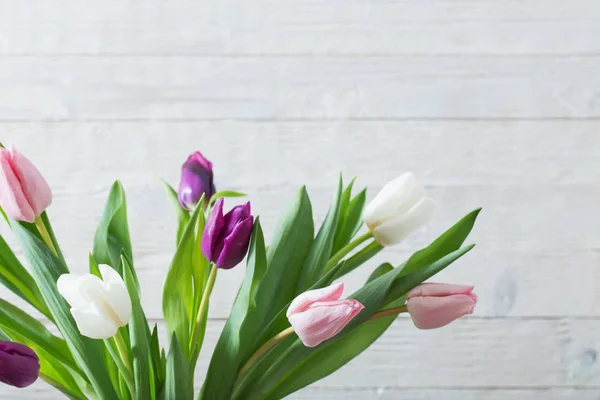 Tulipas Fundo Madeira Branco — Fotografia de Stock