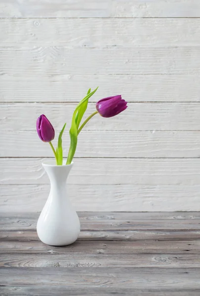 Spring Flowers White Vase White Wooden Background — Stock Photo, Image